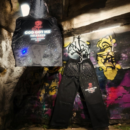 God Got Me Rhinestone Hoodie + Sweats Unisex Set